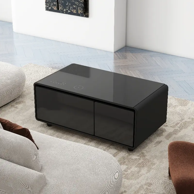 Rexfair smart coffee table with built in refrigerator drawers, wireless charging and Bluetooth speaker